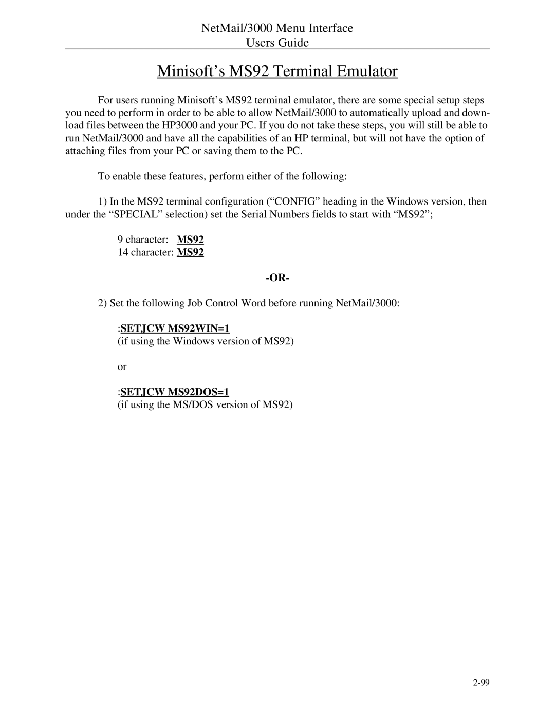 HP NetMail/3000 manual Minisoft’s MS92 Terminal Emulator 