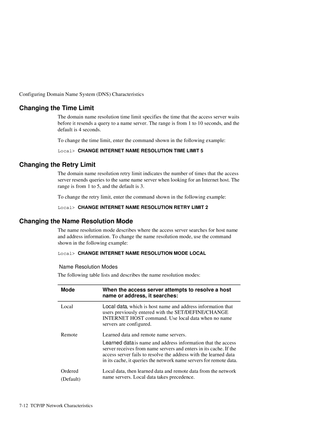 HP NetRider Changing the Time Limit, Changing the Retry Limit, Changing the Name Resolution Mode, Name Resolution Modes 