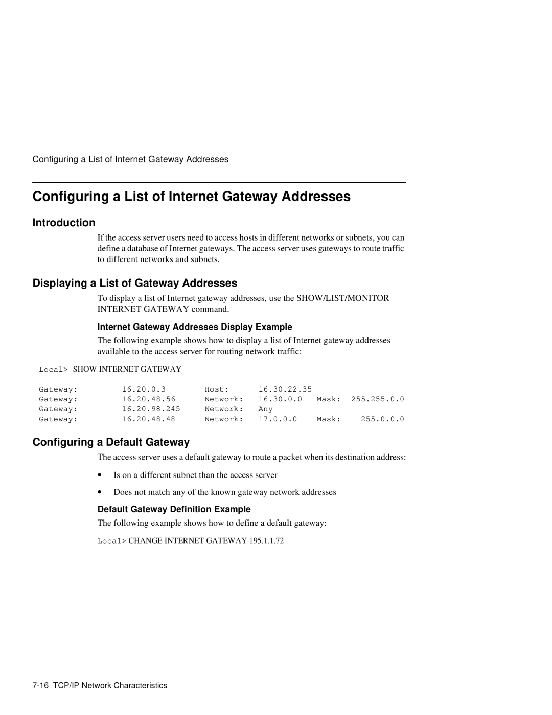 HP NetRider manual Configuring a List of Internet Gateway Addresses, Displaying a List of Gateway Addresses 