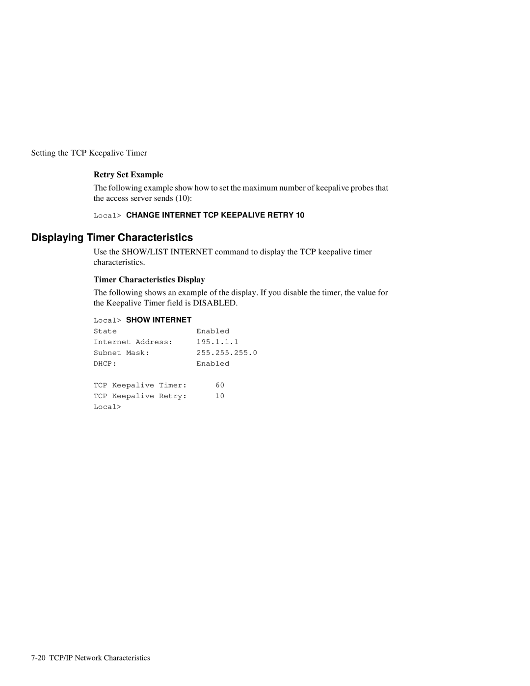 HP NetRider manual Displaying Timer Characteristics, Retry Set Example, Timer Characteristics Display 