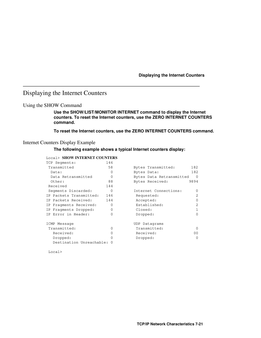 HP NetRider manual Displaying the Internet Counters, Using the Show Command, Internet Counters Display Example 