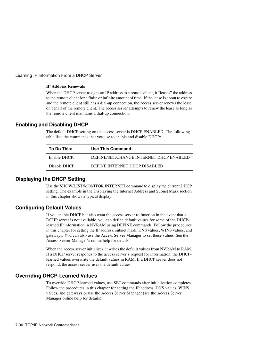 HP NetRider manual Enabling and Disabling Dhcp, Displaying the Dhcp Setting, Configuring Default Values 