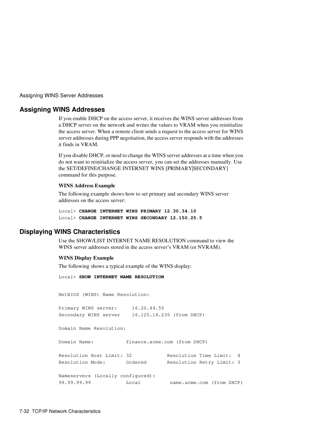 HP NetRider manual Assigning Wins Addresses, Displaying Wins Characteristics, Wins Address Example, Wins Display Example 