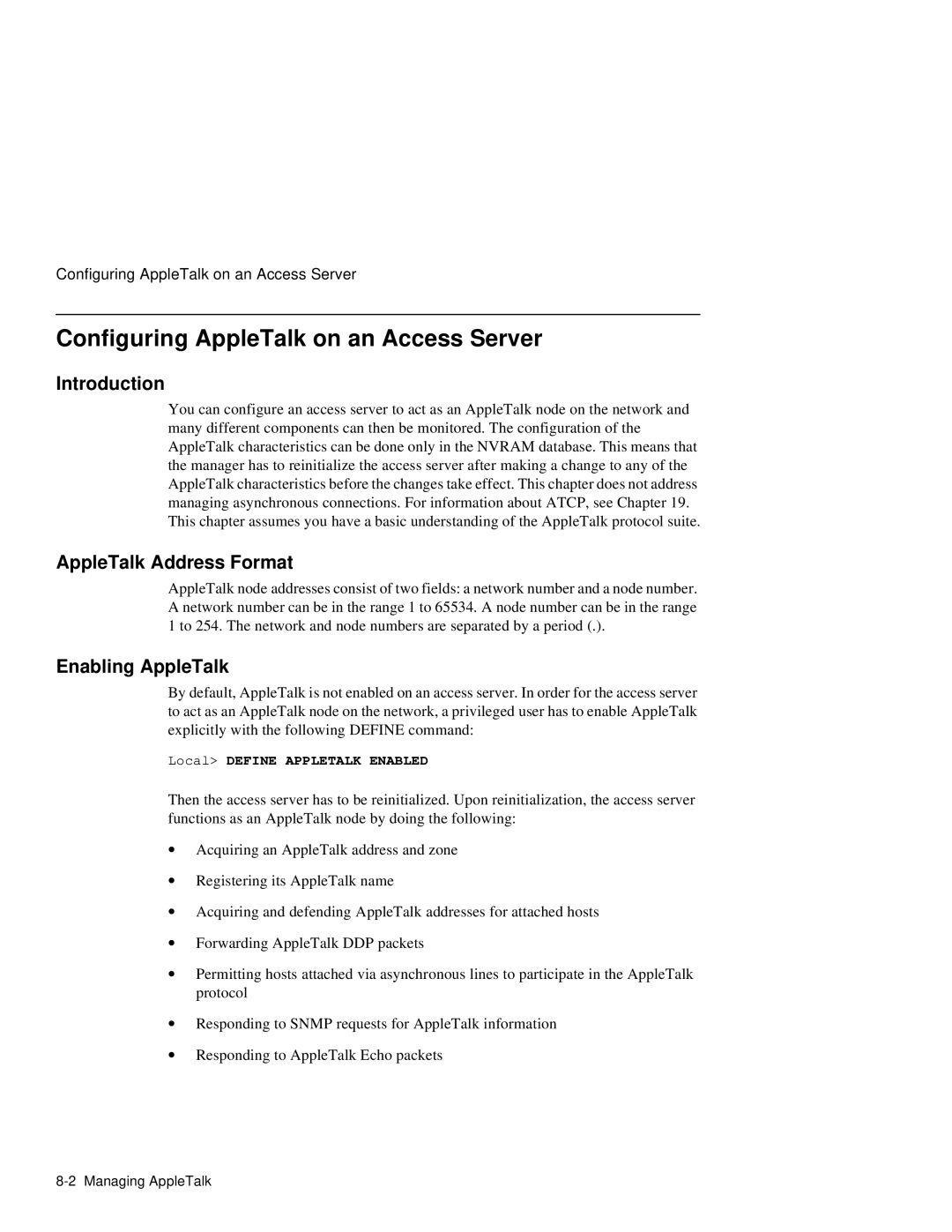 HP NetRider manual Configuring AppleTalk on an Access Server, AppleTalk Address Format, Enabling AppleTalk 