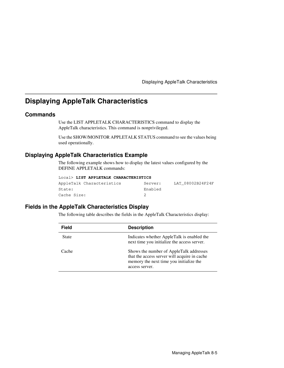 HP NetRider Commands, Displaying AppleTalk Characteristics Example, Fields in the AppleTalk Characteristics Display 