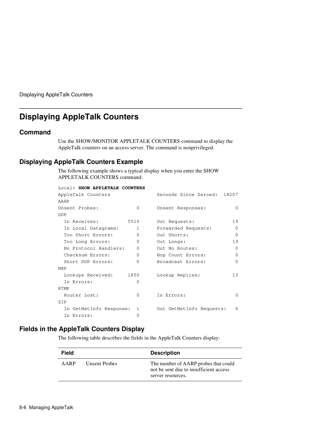 HP NetRider manual Command, Displaying AppleTalk Counters Example, Fields in the AppleTalk Counters Display, Aarp 