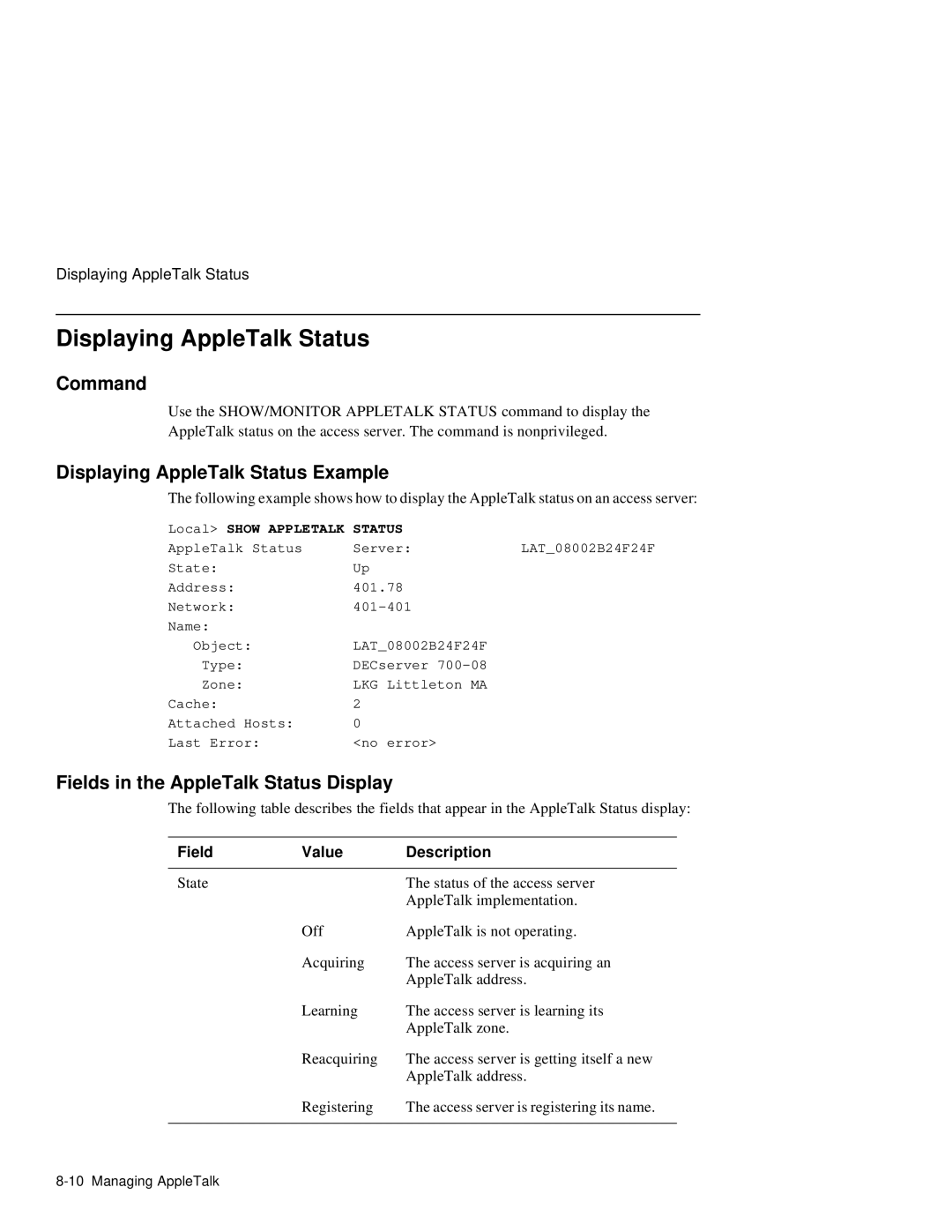 HP NetRider manual Displaying AppleTalk Status Example, Fields in the AppleTalk Status Display, Field Value Description 