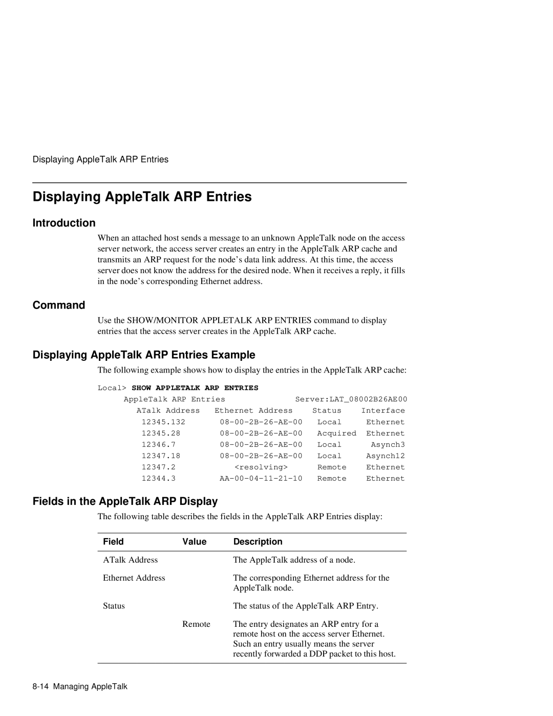 HP NetRider manual Displaying AppleTalk ARP Entries Example, Fields in the AppleTalk ARP Display 