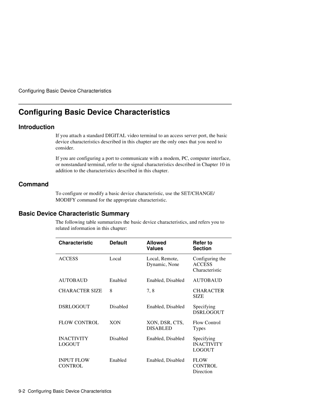 HP NetRider manual Configuring Basic Device Characteristics, Basic Device Characteristic Summary 