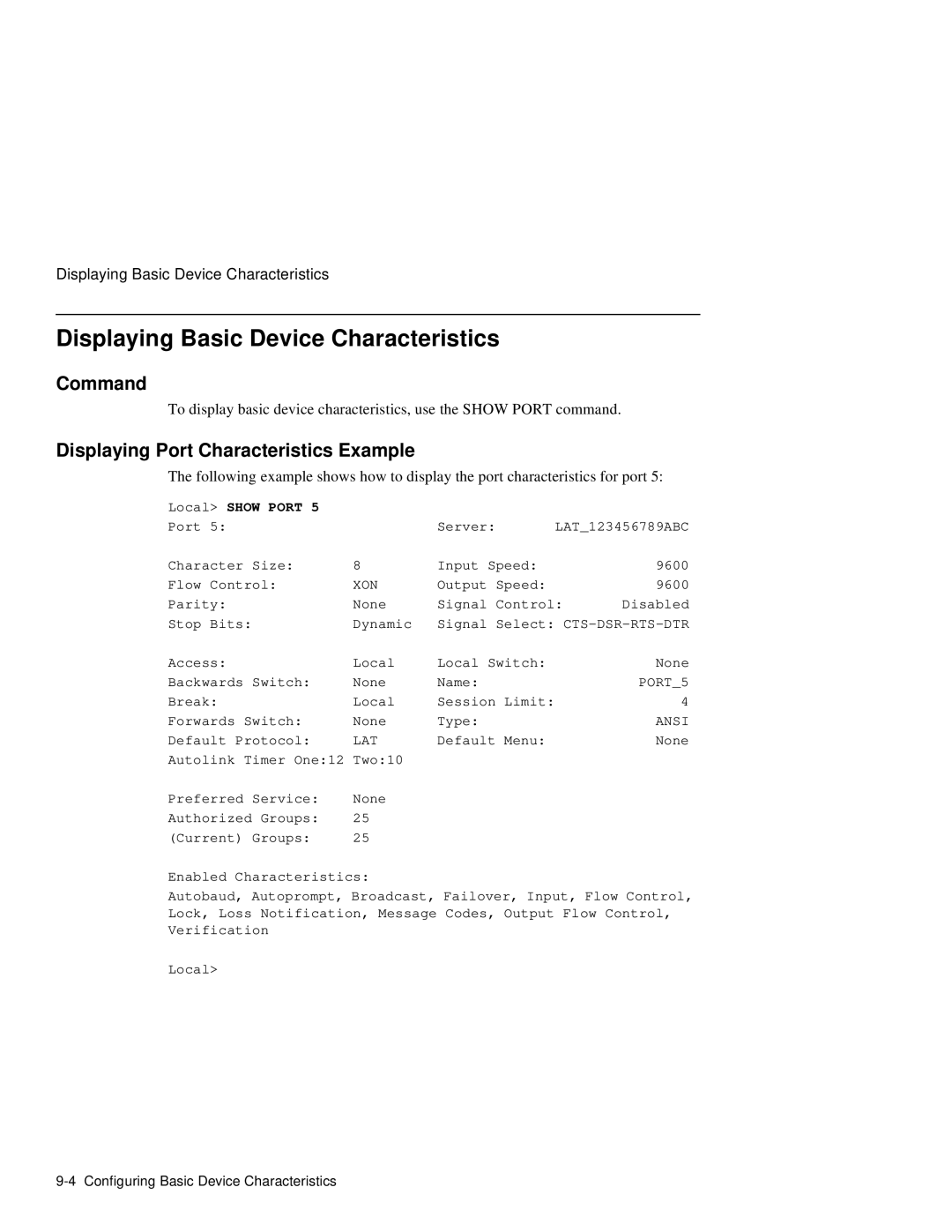 HP NetRider manual Displaying Basic Device Characteristics, Displaying Port Characteristics Example, Local Show Port 