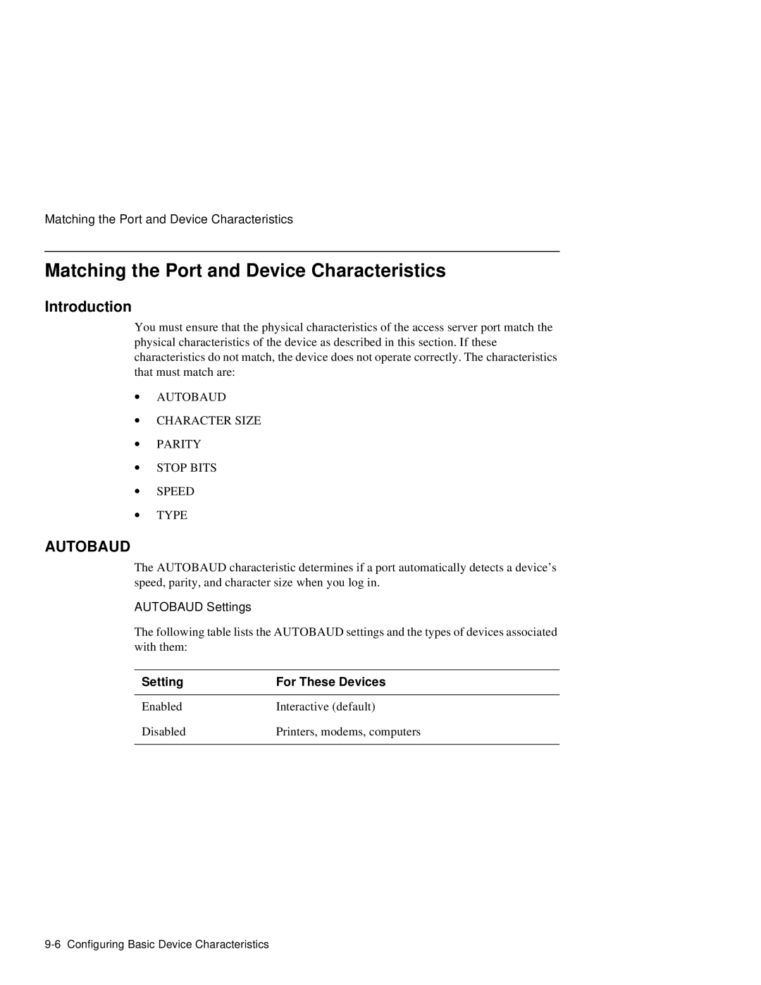 HP NetRider manual Matching the Port and Device Characteristics, Autobaud Settings, Setting For These Devices 