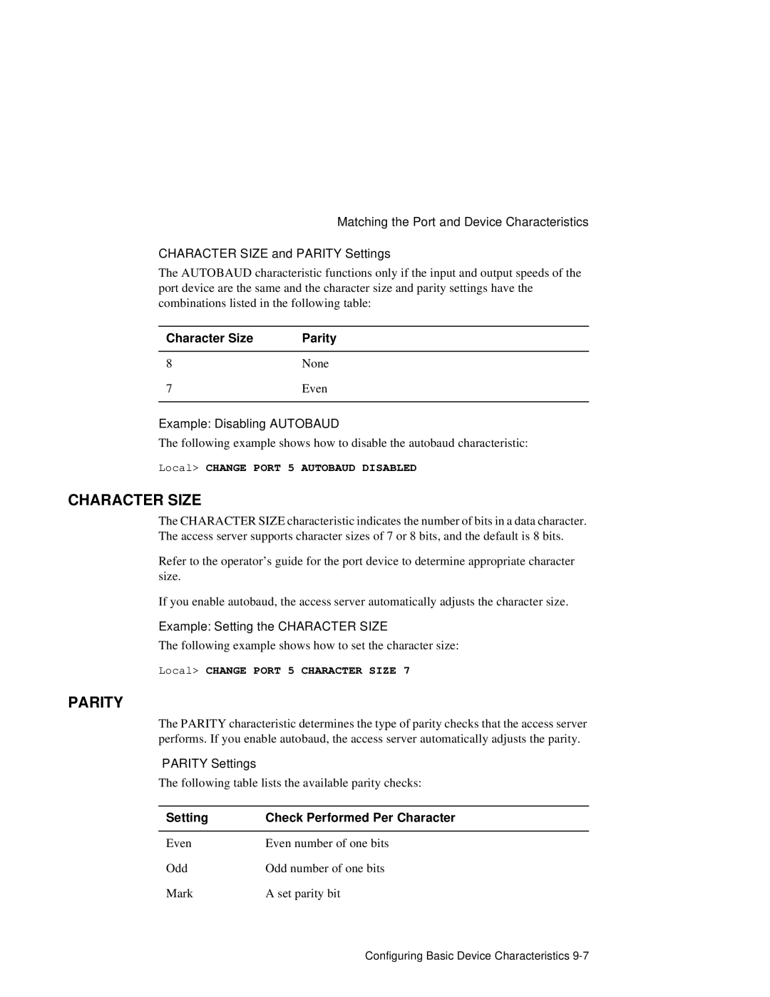 HP NetRider manual Character Size Parity, Setting Check Performed Per Character 