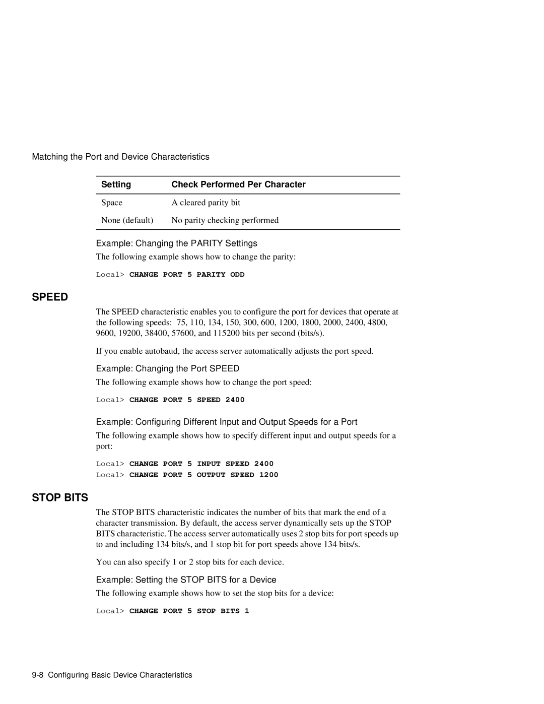 HP NetRider manual Example Changing the Parity Settings, Example Changing the Port Speed 