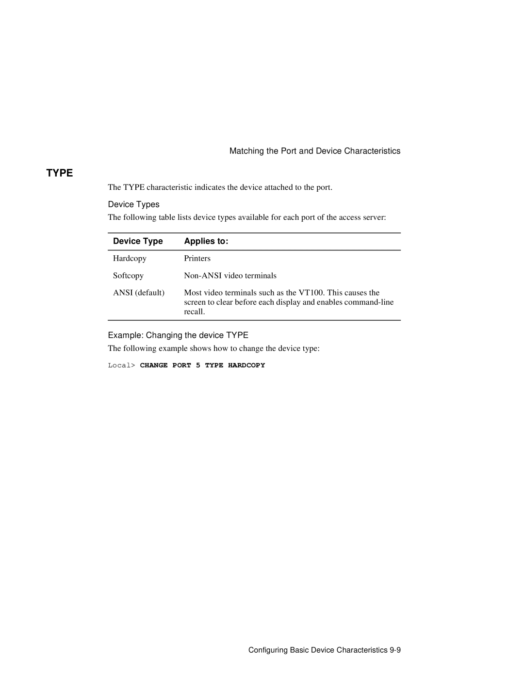 HP NetRider Device Types, Device Type Applies to, Example Changing the device Type, Local Change Port 5 Type Hardcopy 