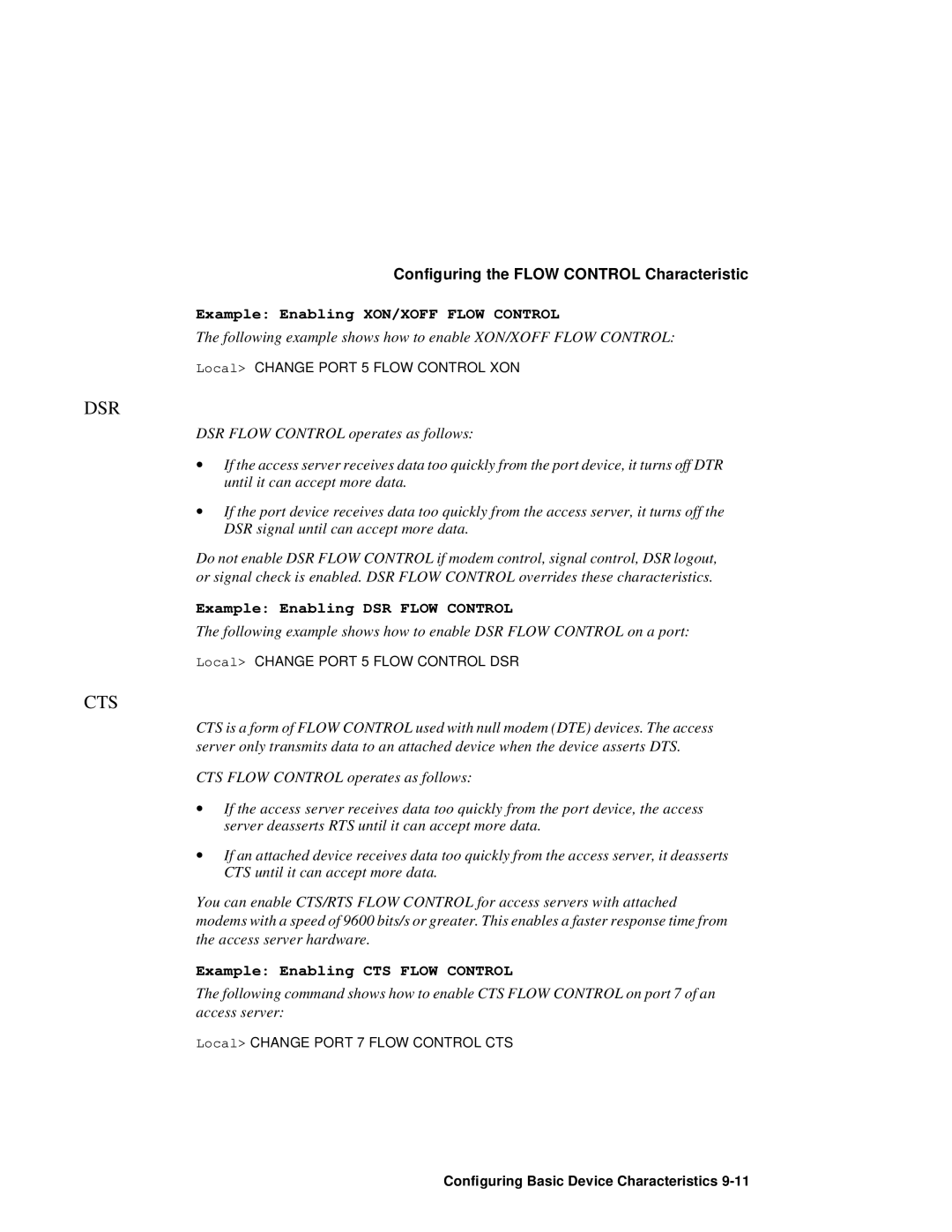 HP NetRider Example Enabling XON/XOFF Flow Control, Example Enabling DSR Flow Control, Example Enabling CTS Flow Control 