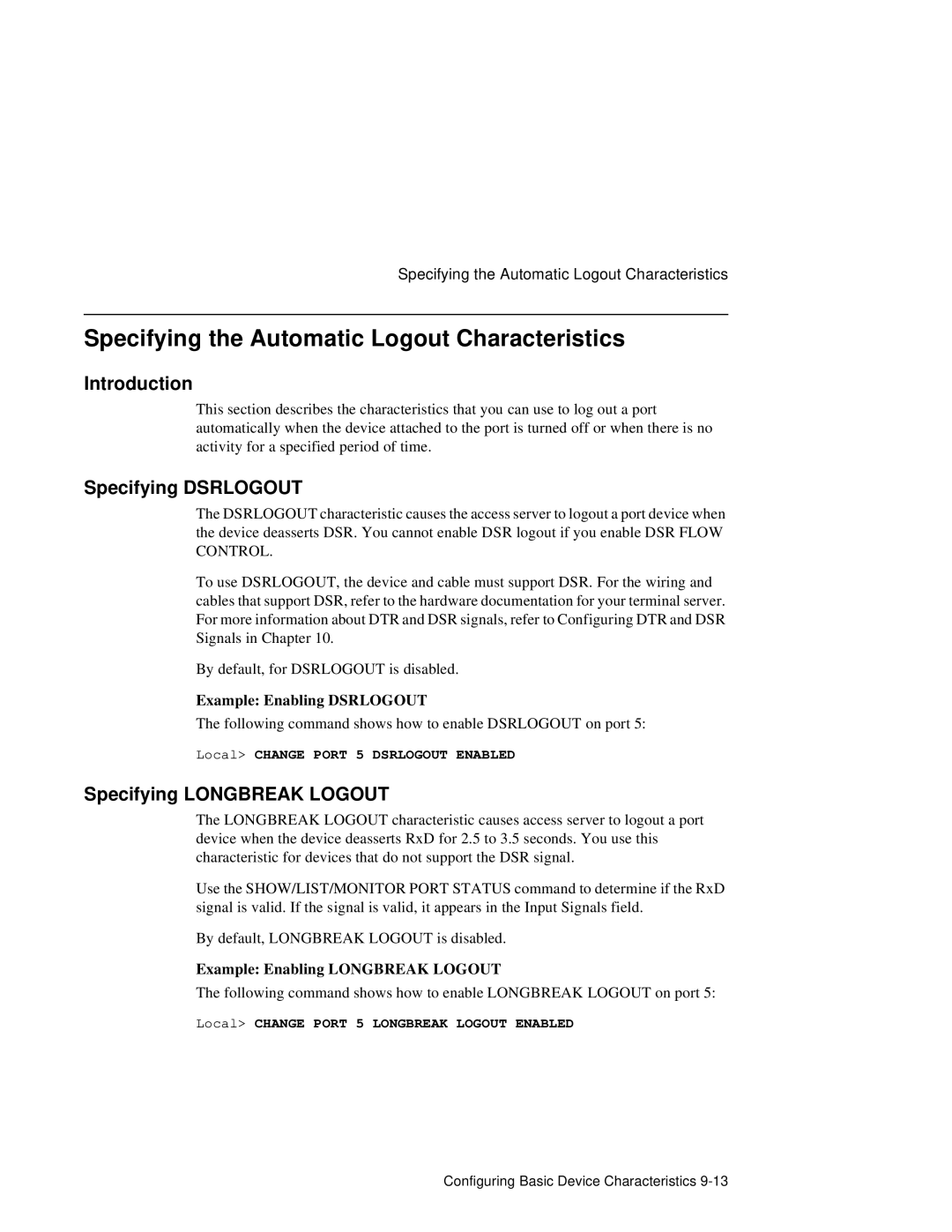 HP NetRider manual Specifying the Automatic Logout Characteristics, Specifying Dsrlogout, Specifying Longbreak Logout 