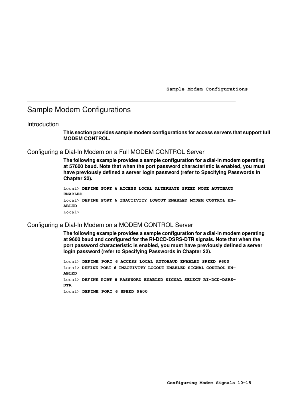 HP NetRider manual Sample Modem Configurations, Configuring a Dial-In Modem on a Full Modem Control Server 