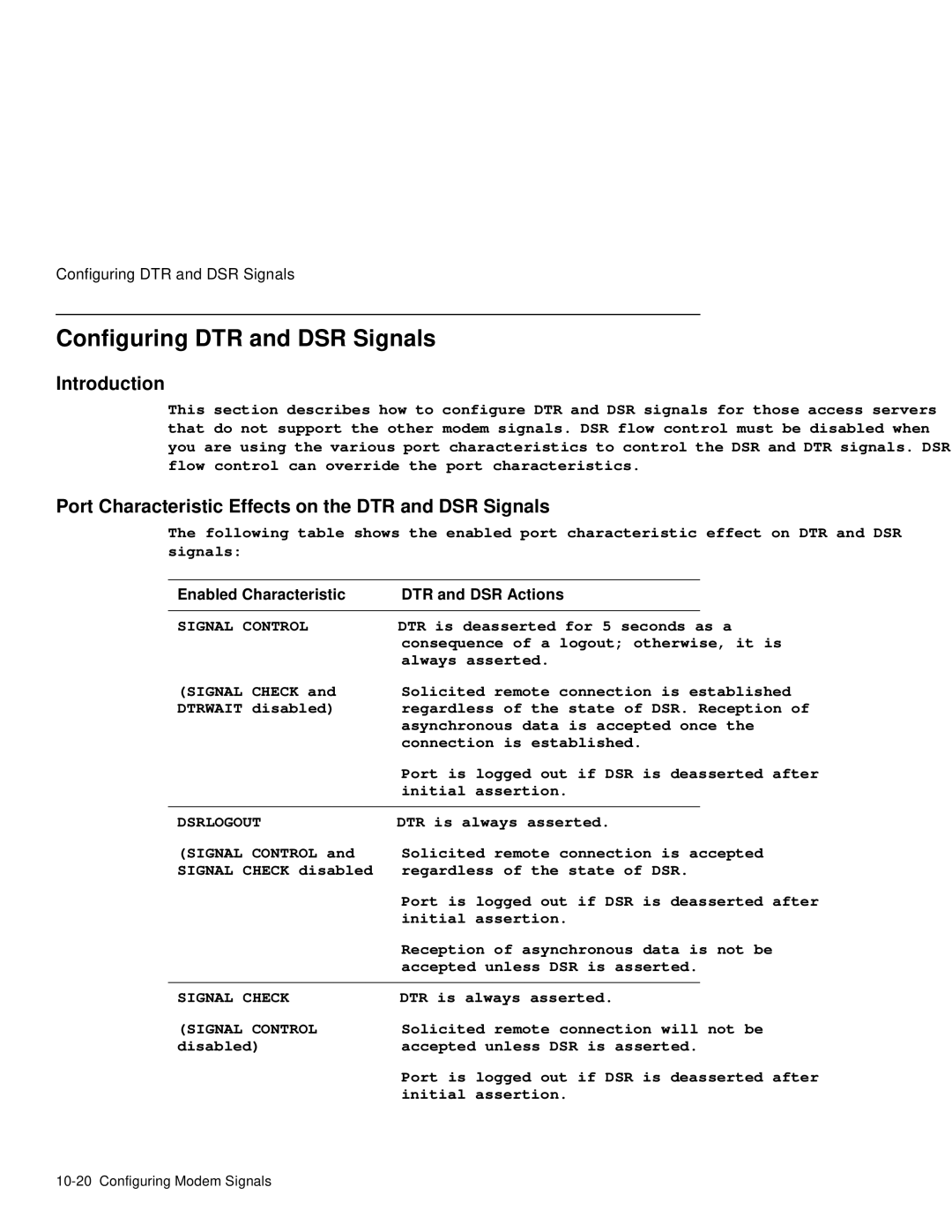 HP NetRider manual Configuring DTR and DSR Signals, Port Characteristic Effects on the DTR and DSR Signals, Signal Control 