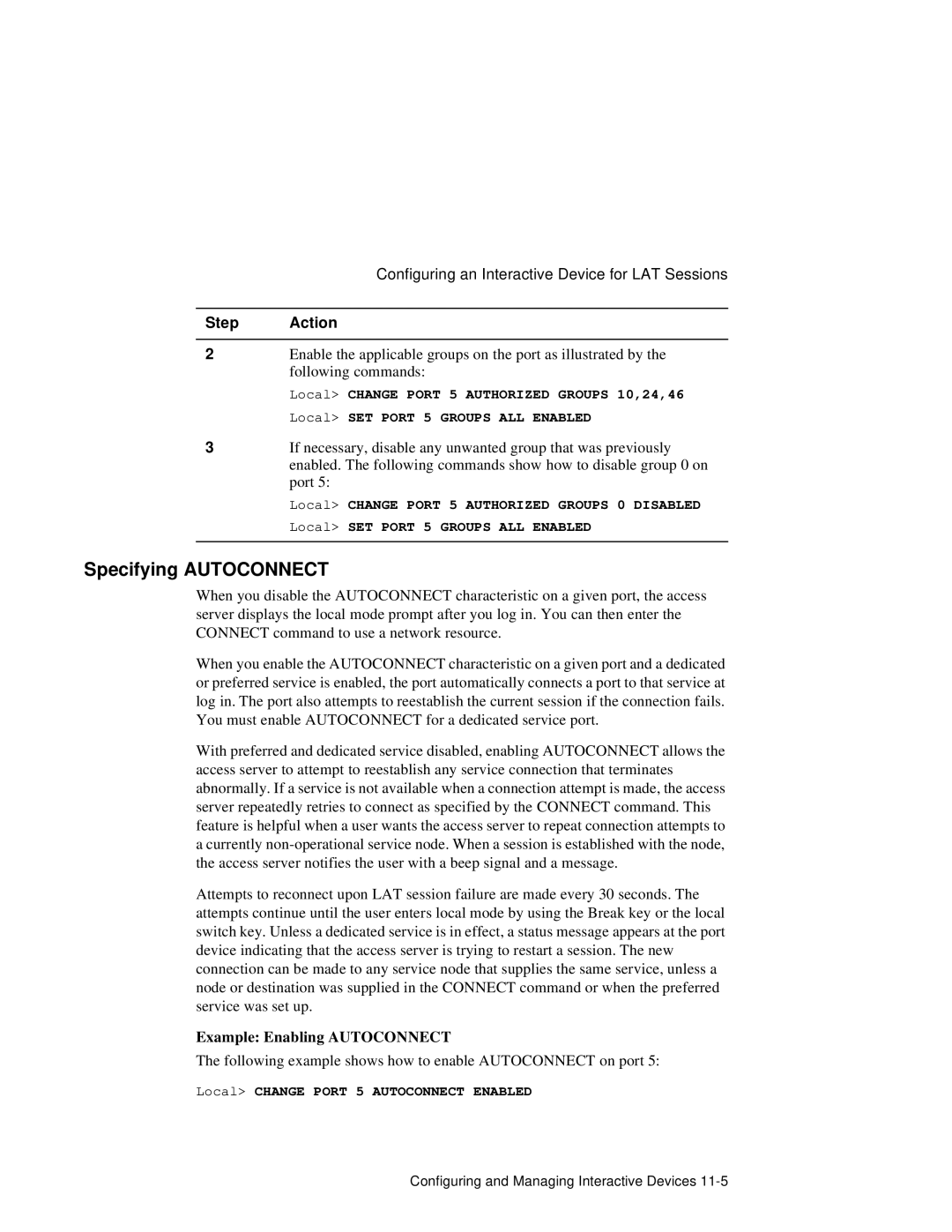 HP NetRider manual Specifying Autoconnect, Example Enabling Autoconnect, Local Change Port 5 Autoconnect Enabled 