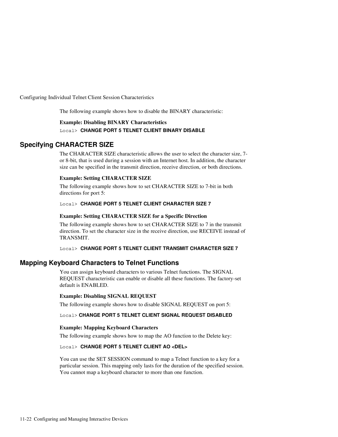 HP NetRider manual Specifying Character Size, Mapping Keyboard Characters to Telnet Functions 