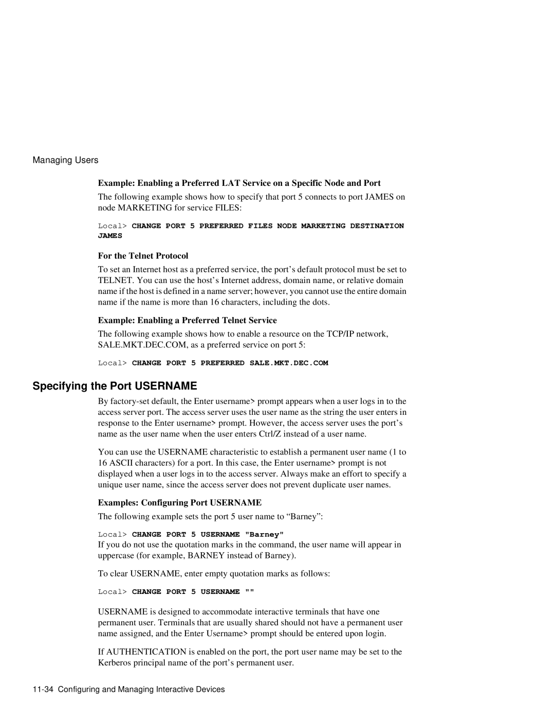 HP NetRider manual Specifying the Port Username, For the Telnet Protocol, Example Enabling a Preferred Telnet Service 