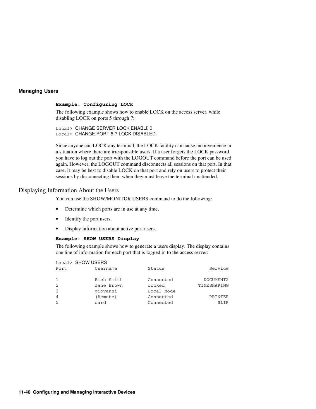 HP NetRider Displaying Information About the Users, Example Configuring Lock, Example Show Users Display, Local Show Users 