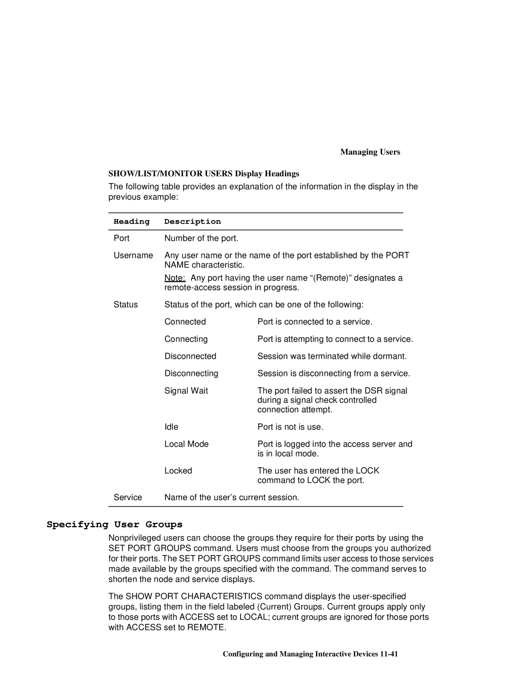 HP NetRider manual Specifying User Groups, SHOW/LIST/MONITOR Users Display Headings, Heading Description 