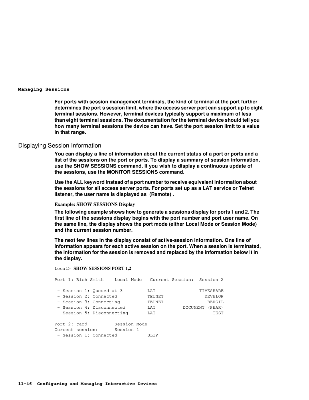 HP NetRider manual Displaying Session Information, Example Show Sessions Display, Local Show Sessions Port 1,2 