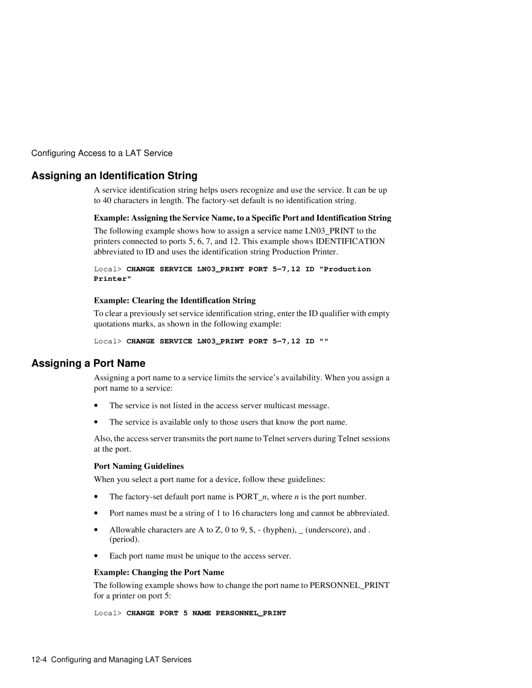 HP NetRider manual Assigning an Identification String, Assigning a Port Name, Example Clearing the Identification String 