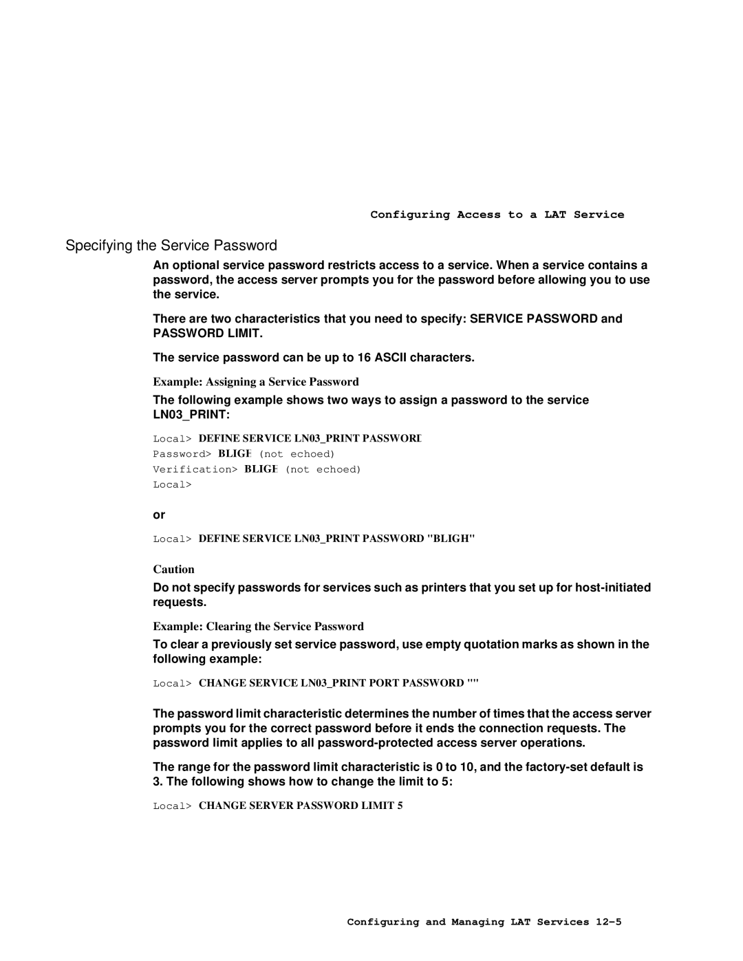 HP NetRider manual Specifying the Service Password, Password Limit, Example Assigning a Service Password, LN03PRINT 