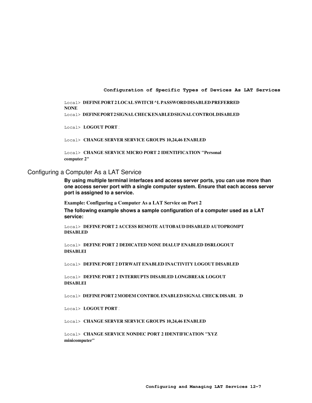 HP NetRider manual Example Configuring a Computer As a LAT Service on Port 