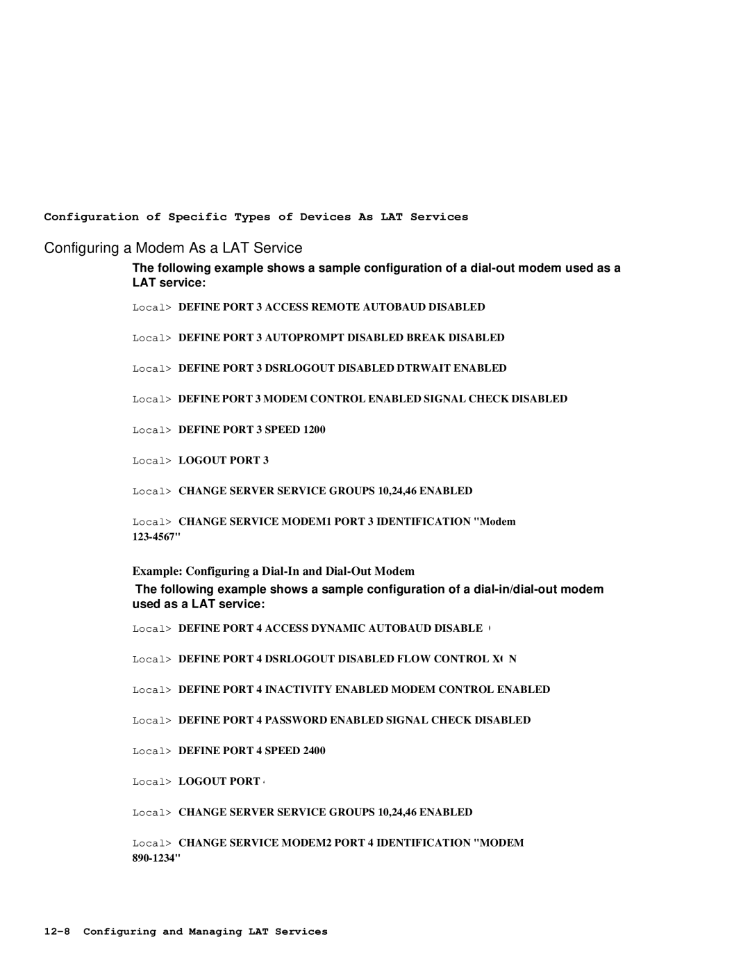 HP NetRider manual Configuring a Modem As a LAT Service, Example Configuring a Dial-In and Dial-Out Modem 