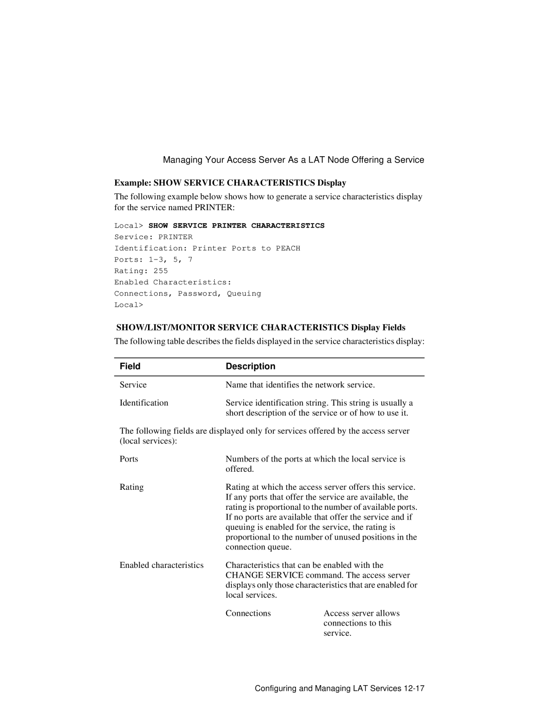 HP NetRider manual Example Show Service Characteristics Display, SHOW/LIST/MONITOR Service Characteristics Display Fields 