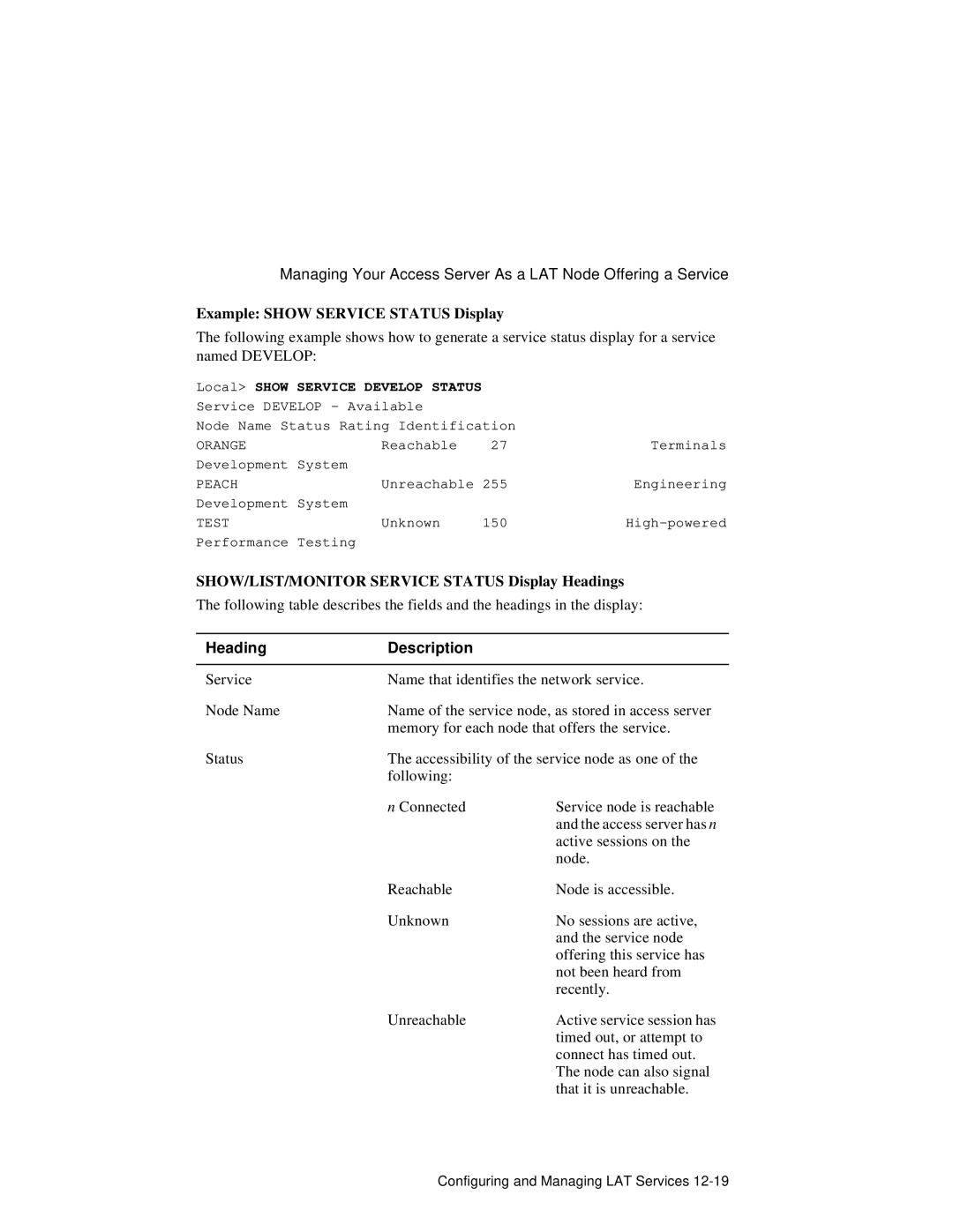 HP NetRider manual Example Show Service Status Display, SHOW/LIST/MONITOR Service Status Display Headings 