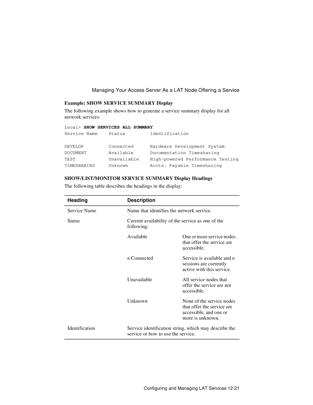 HP NetRider manual Example Show Service Summary Display, SHOW/LIST/MONITOR Service Summary Display Headings 