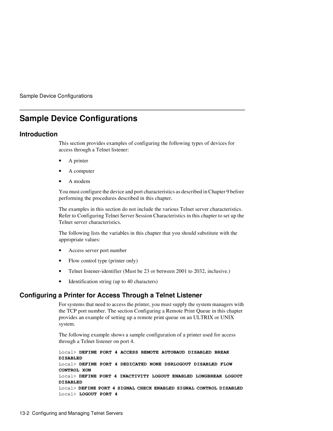 HP NetRider manual Sample Device Configurations, Configuring a Printer for Access Through a Telnet Listener 