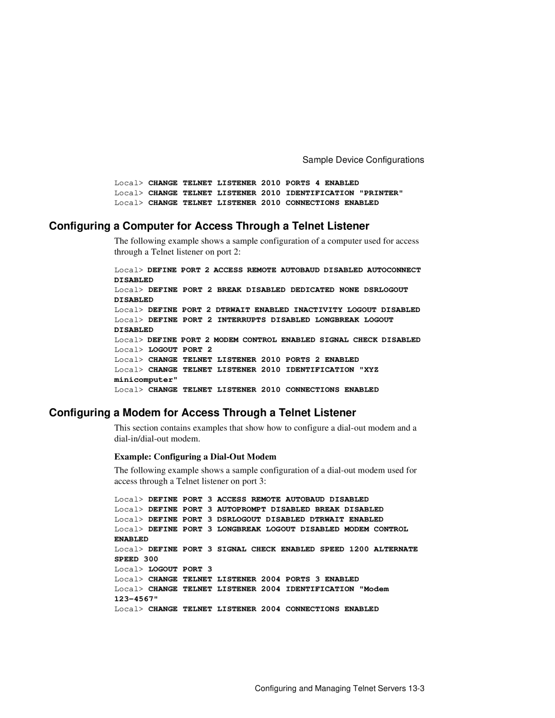 HP NetRider manual Configuring a Computer for Access Through a Telnet Listener, Sample Device Configurations 