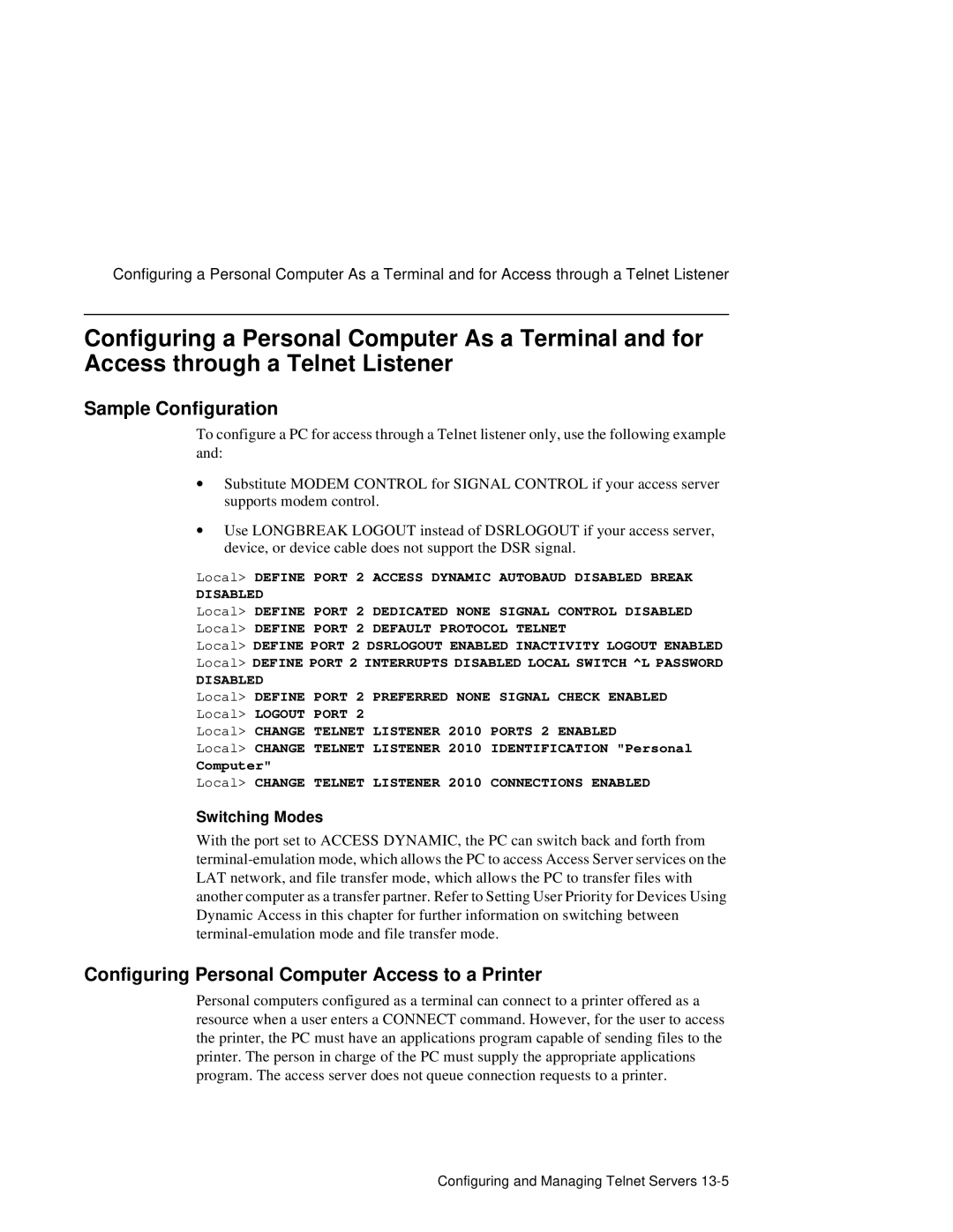 HP NetRider manual Sample Configuration, Configuring Personal Computer Access to a Printer, Switching Modes 