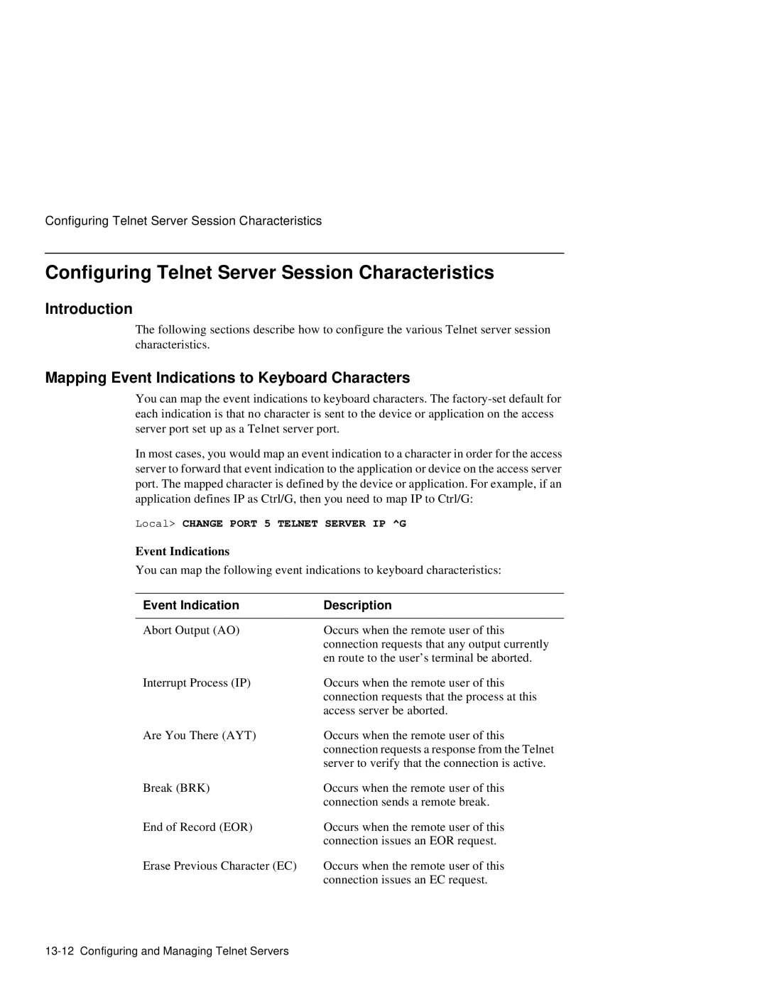 HP NetRider manual Configuring Telnet Server Session Characteristics, Mapping Event Indications to Keyboard Characters 