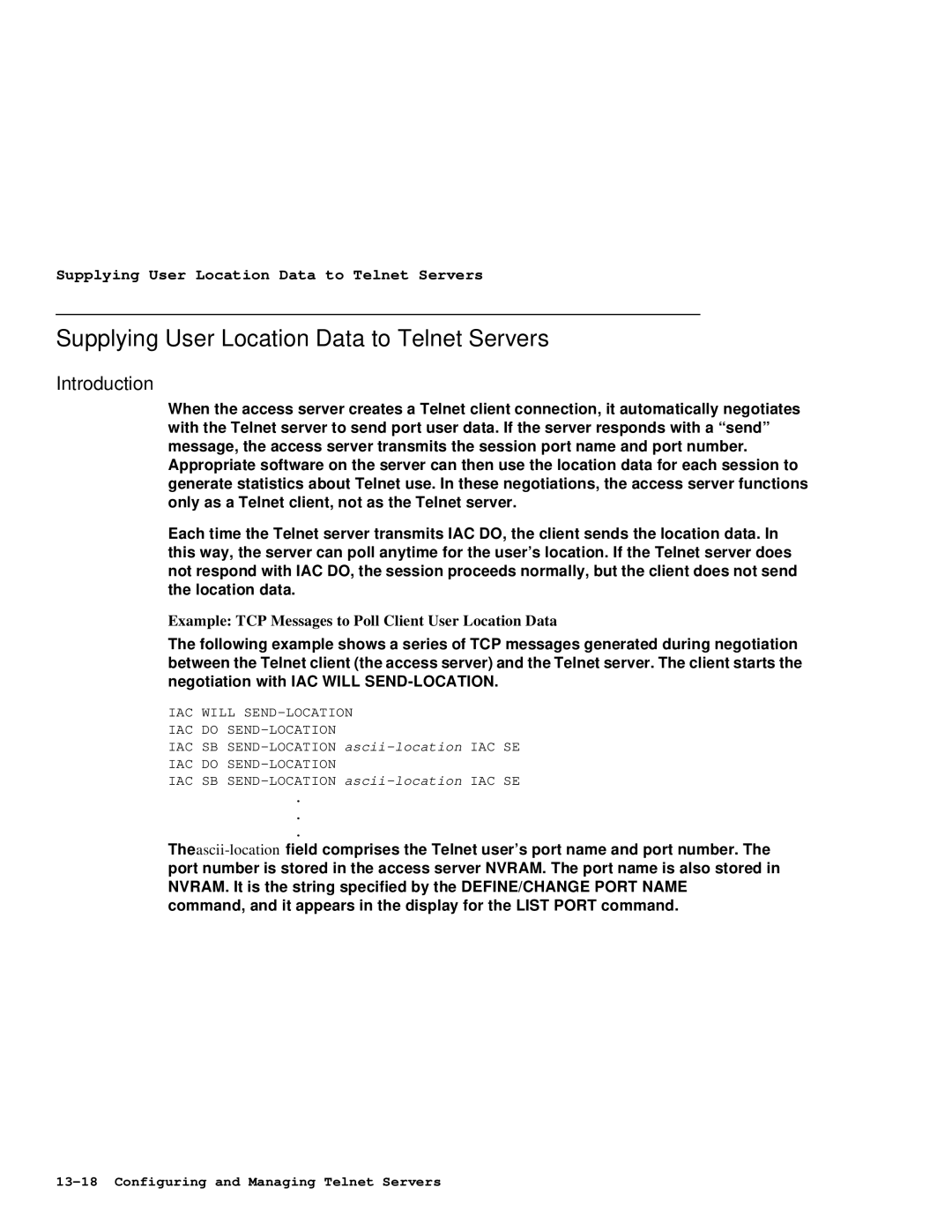 HP NetRider manual Supplying User Location Data to Telnet Servers, Example TCP Messages to Poll Client User Location Data 