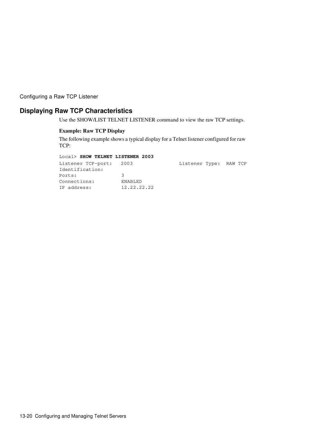 HP NetRider manual Displaying Raw TCP Characteristics, Example Raw TCP Display 