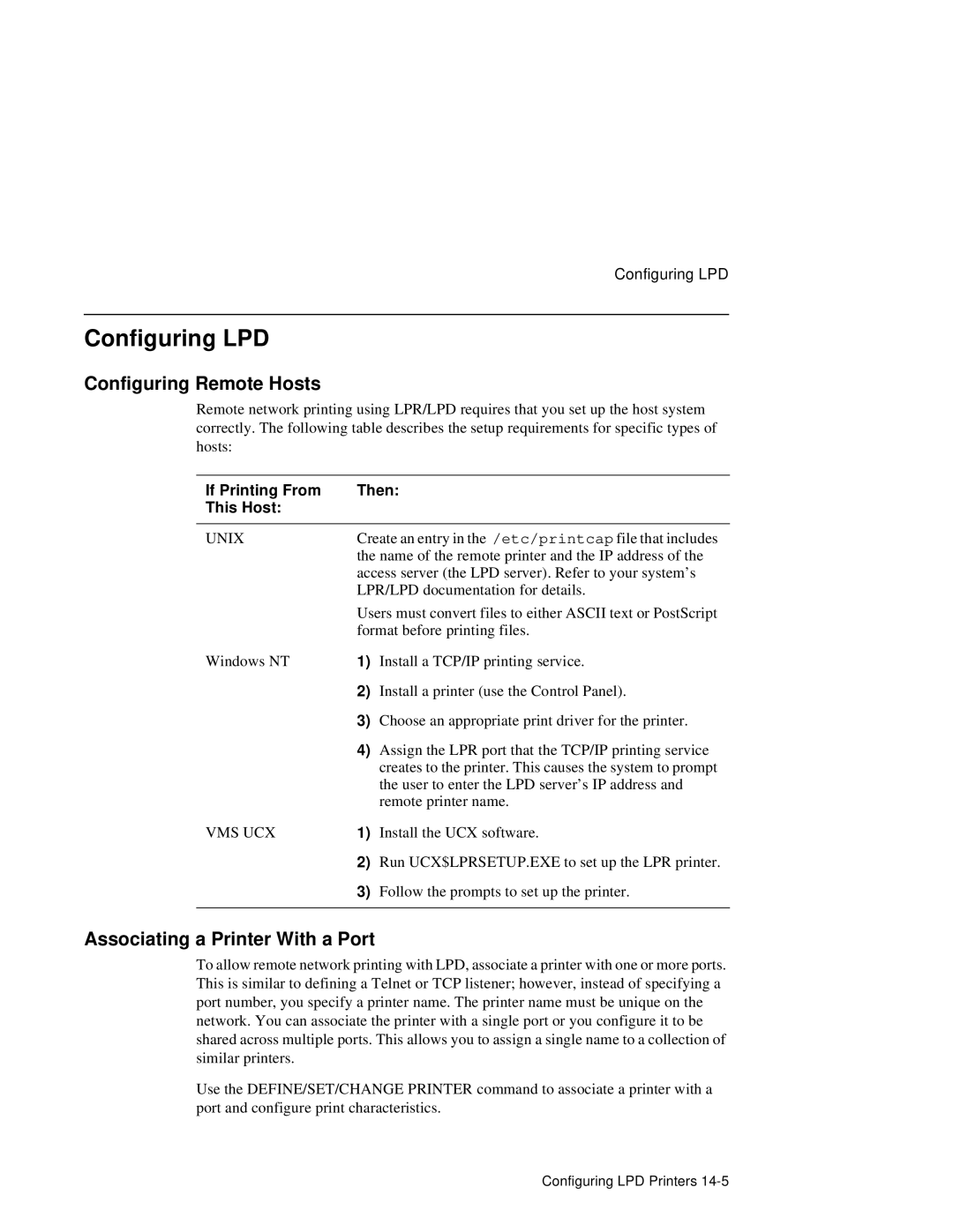 HP NetRider Configuring LPD, Configuring Remote Hosts, Associating a Printer With a Port, If Printing From Then This Host 