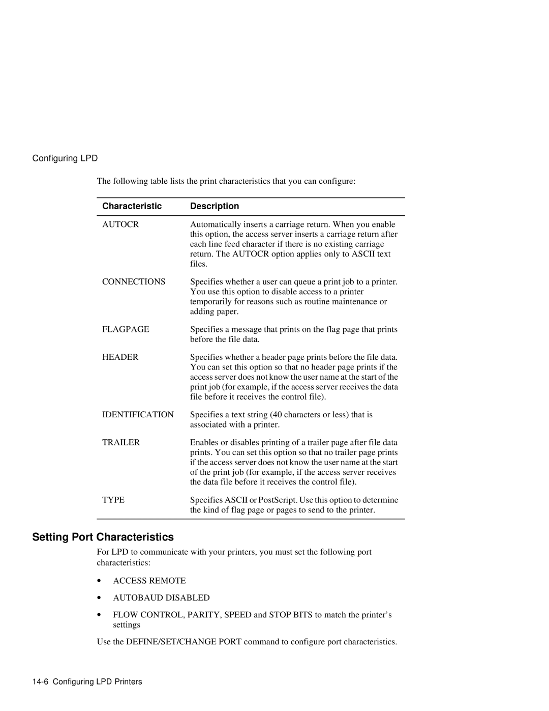 HP NetRider manual Setting Port Characteristics, Characteristic Description 