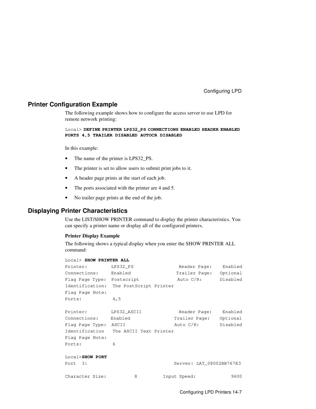 HP NetRider Printer Configuration Example, Displaying Printer Characteristics, Printer Display Example, LocalSHOW Port 