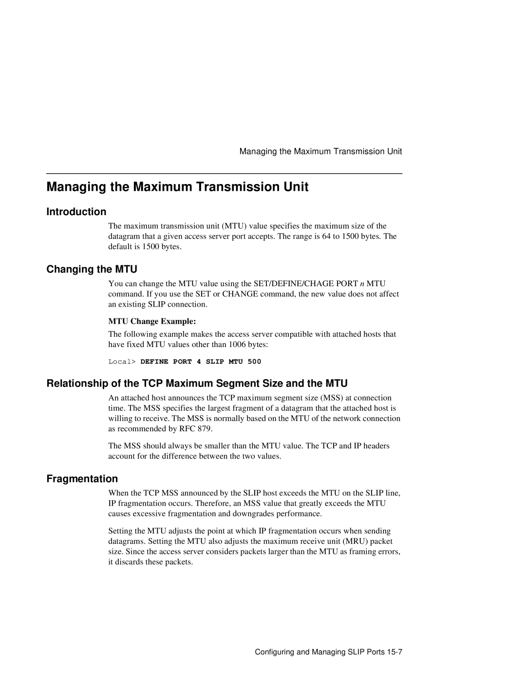 HP NetRider manual Managing the Maximum Transmission Unit, Changing the MTU, Fragmentation, MTU Change Example 