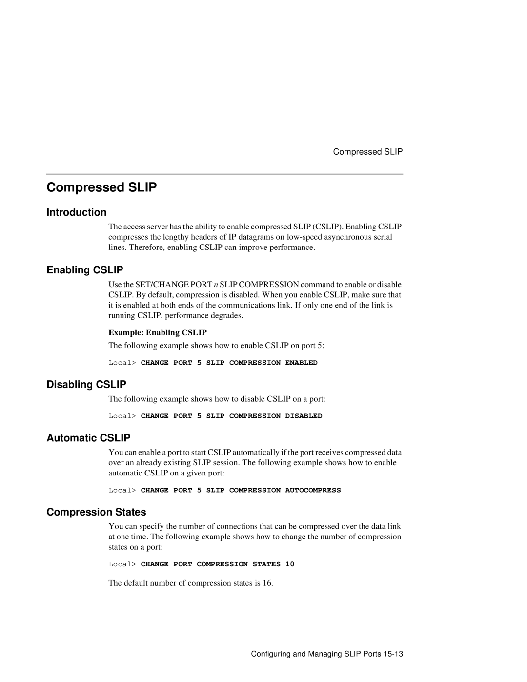 HP NetRider manual Compressed Slip, Enabling Cslip, Disabling Cslip, Automatic Cslip, Compression States 