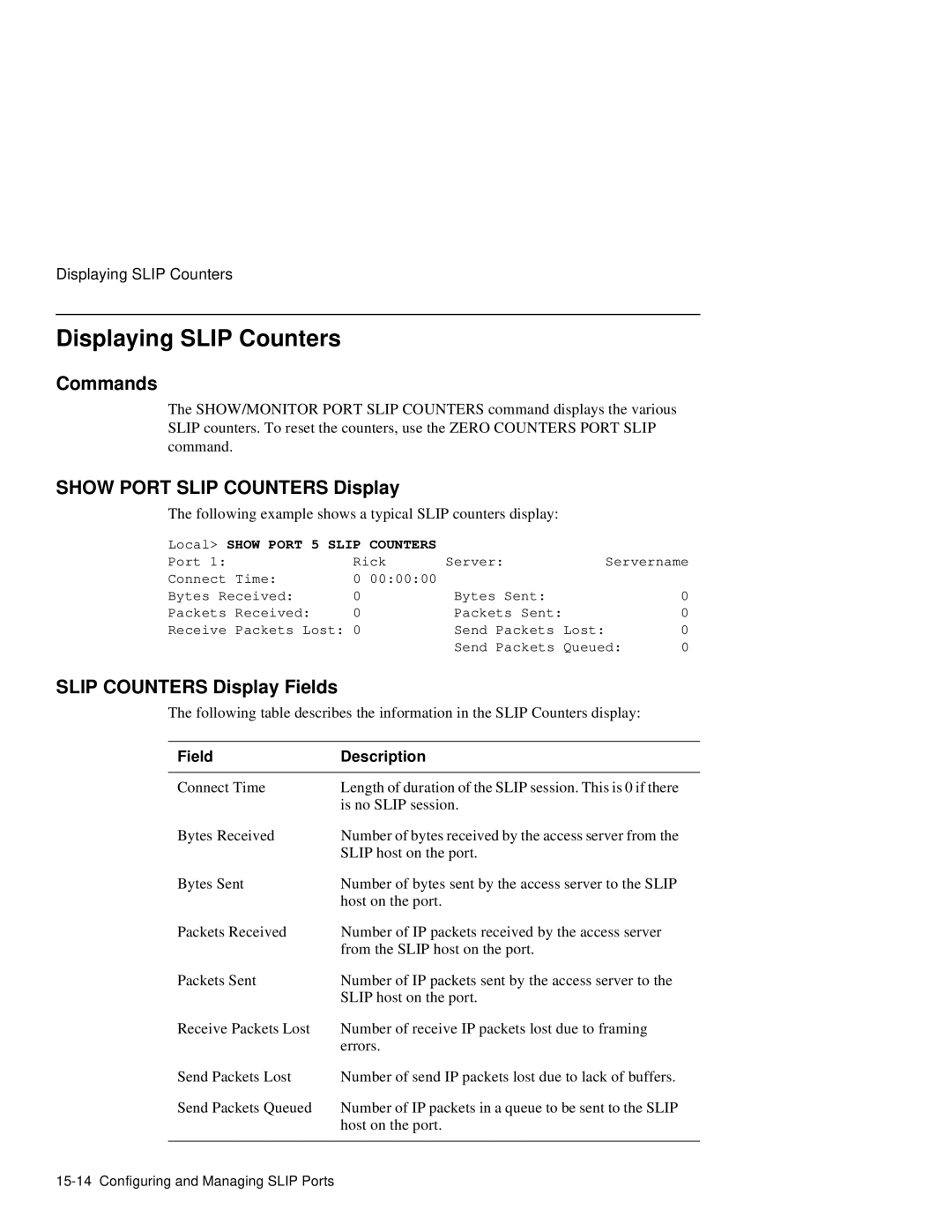 HP NetRider manual Displaying Slip Counters, Show Port Slip Counters Display, Slip Counters Display Fields 