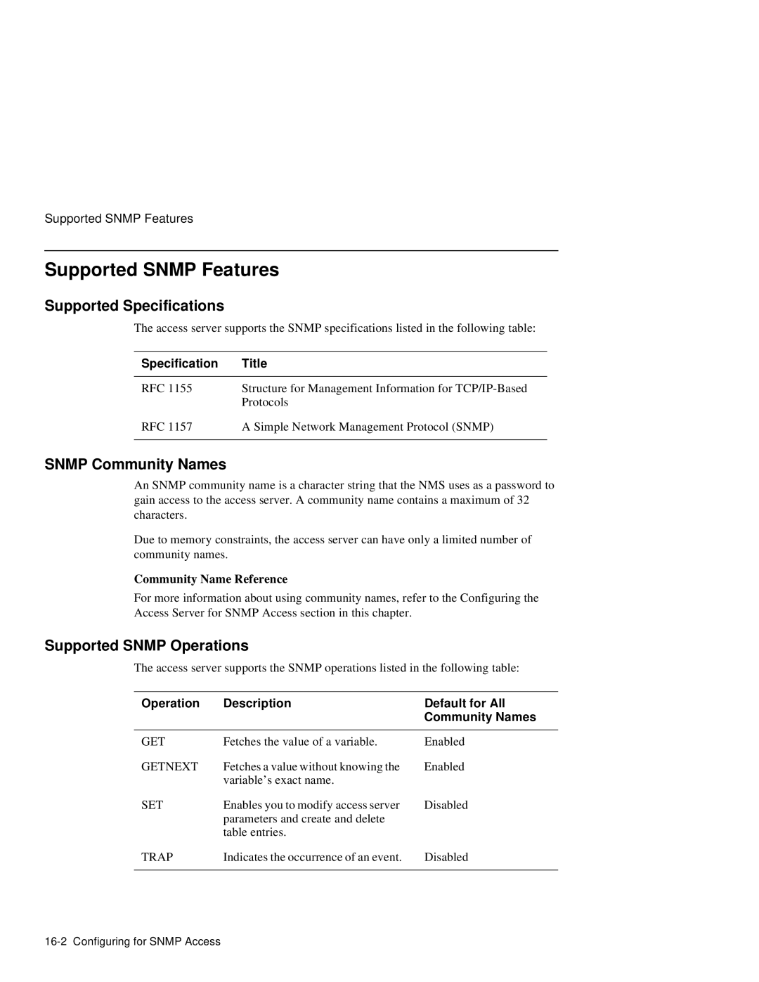 HP NetRider manual Supported Snmp Features, Supported Specifications, Snmp Community Names, Supported Snmp Operations 