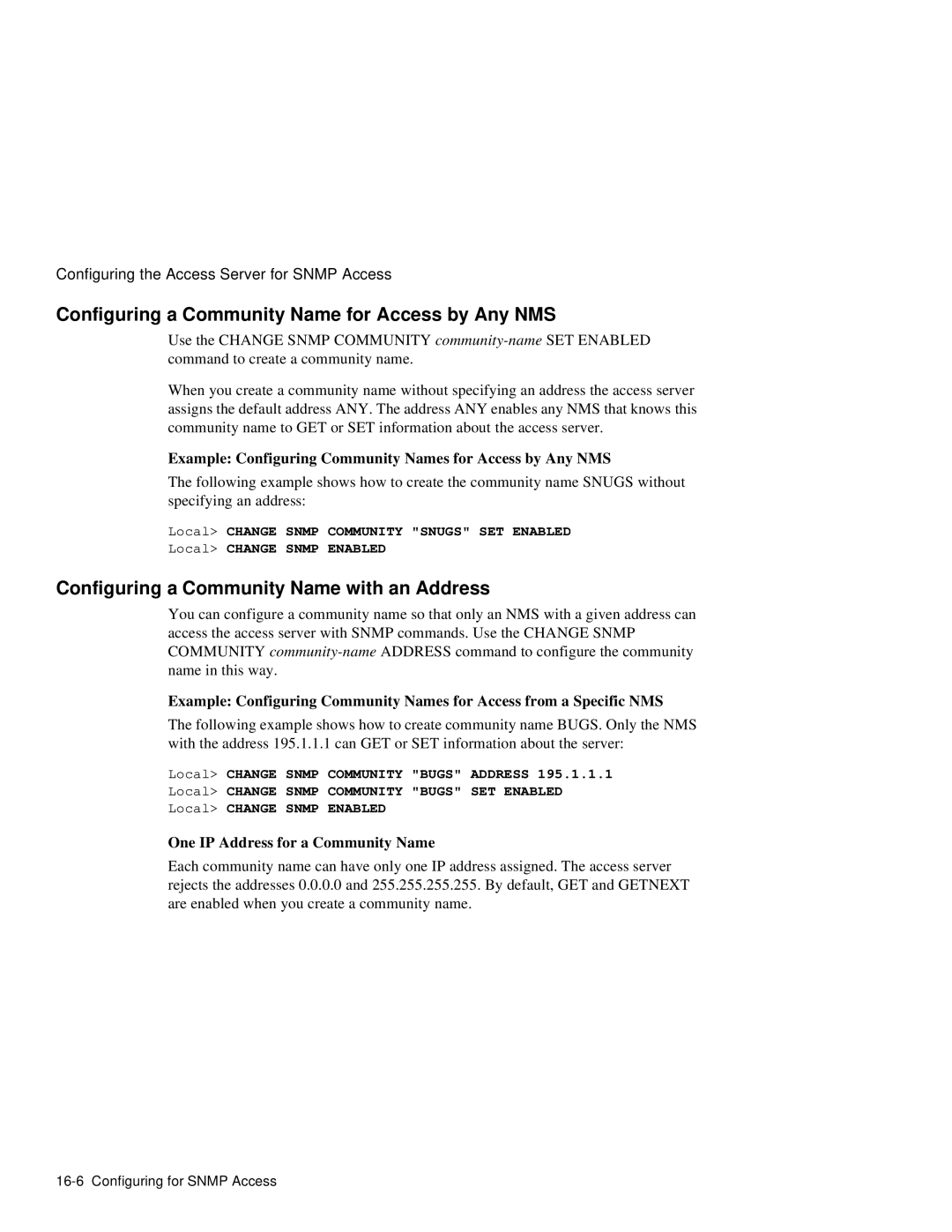 HP NetRider manual Configuring a Community Name for Access by Any NMS, Configuring a Community Name with an Address 