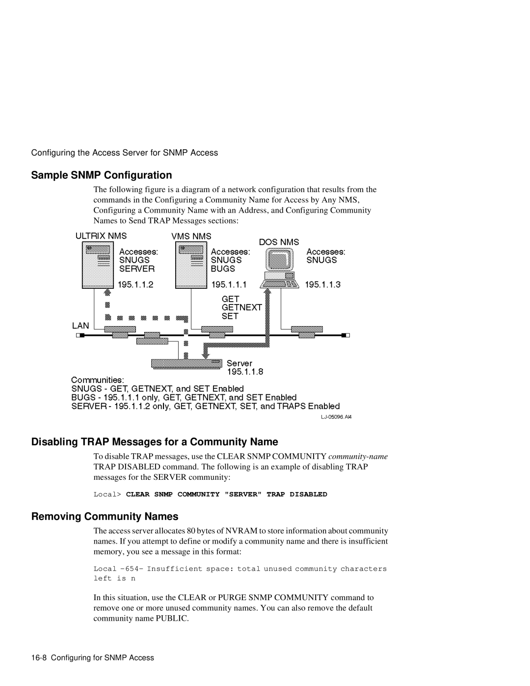 HP NetRider manual Sample Snmp Configuration, Disabling Trap Messages for a Community Name, Removing Community Names 